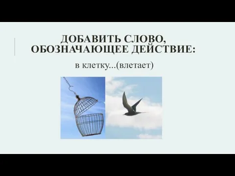 ДОБАВИТЬ СЛОВО, ОБОЗНАЧАЮЩЕЕ ДЕЙСТВИЕ: в клетку...(влетает)