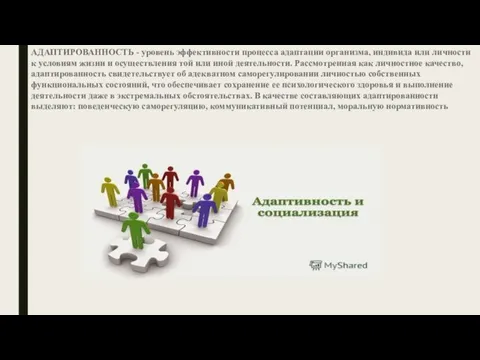 АДАПТИРОВАННОСТЬ - уровень эффективности процесса адаптации организма, индивида или личности к условиям