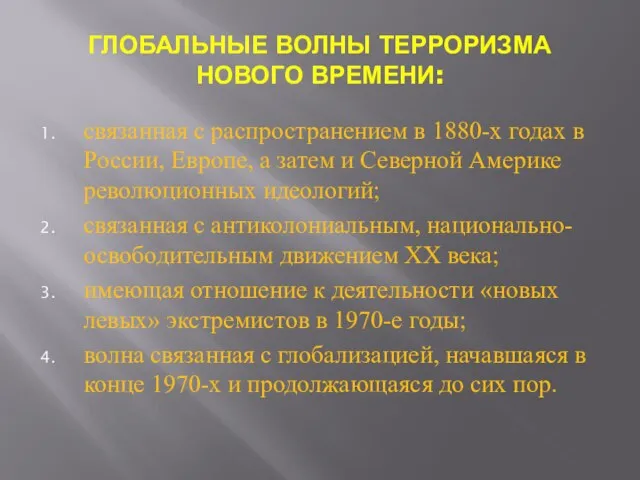 ГЛОБАЛЬНЫЕ ВОЛНЫ ТЕРРОРИЗМА НОВОГО ВРЕМЕНИ: связанная с распространением в 1880-х годах в