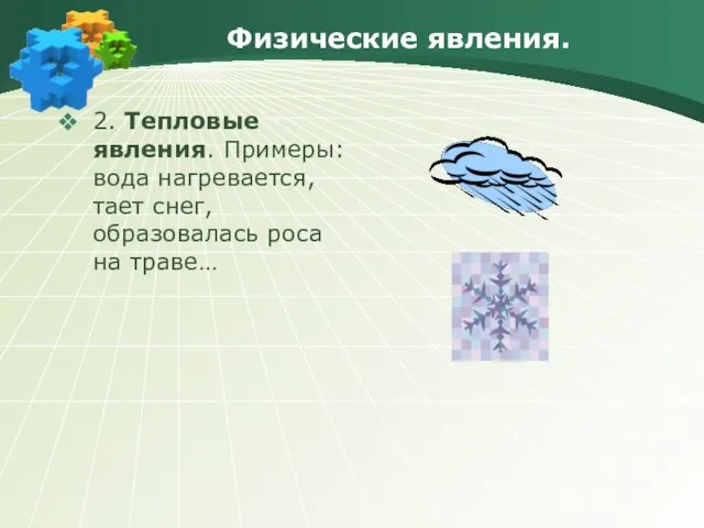 Физические явления. 2. Тепловые явления. Примеры: вода нагревается, тает снег, образовалась роса на траве…