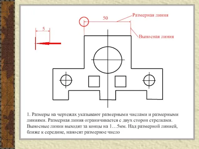 1. Размеры на чертежах указывают размерными числами и размерными линиями. Размерная линия