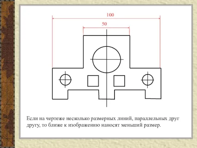 Если на чертеже несколько размерных линий, параллельных друг другу, то ближе к изображению наносят меньший размер.