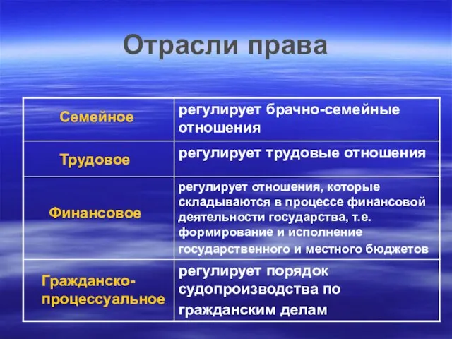 Отрасли права Семейное Финансовое Трудовое Гражданско- процессуальное