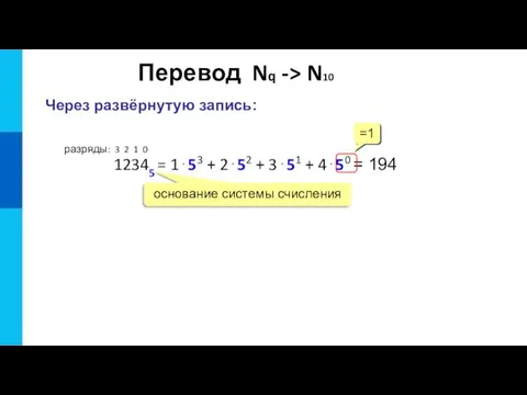 Перевод Nq -> N10 Через развёрнутую запись: 12345 = 1⋅53 + 2⋅52