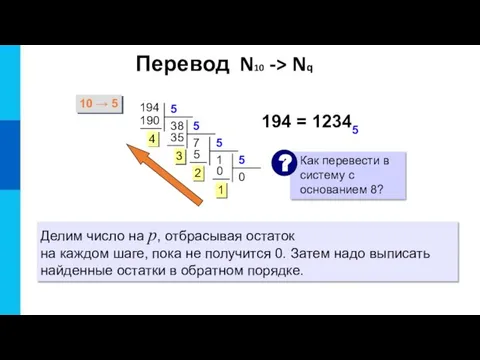 194 194 = 12345 10 → 5 Делим число на p, отбрасывая