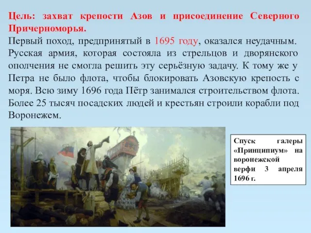 Цель: захват крепости Азов и присоединение Северного Причерноморья. Первый поход, предпринятый в