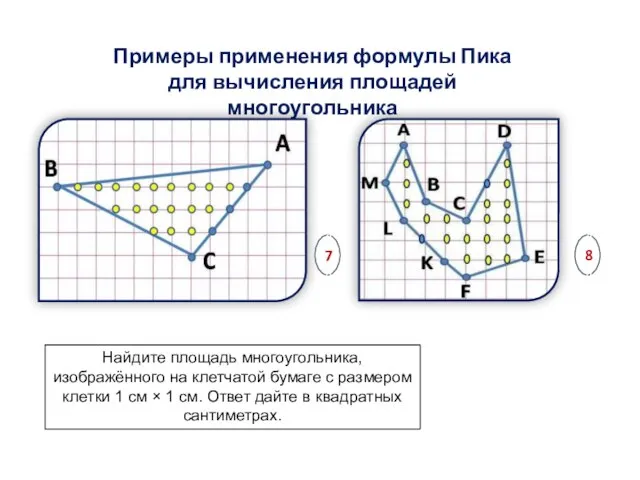 Примеры применения формулы Пика для вычисления площадей многоугольника Найдите площадь многоугольника, изображённого