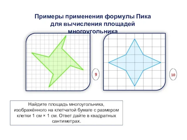 Примеры применения формулы Пика для вычисления площадей многоугольника Найдите площадь многоугольника, изображённого