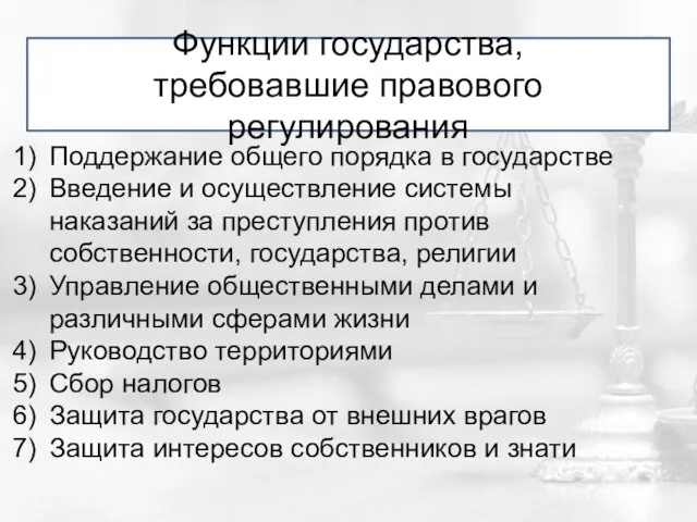 Функции государства, требовавшие правового регулирования Поддержание общего порядка в государстве Введение и