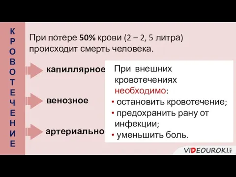 При потере 50% крови (2 – 2, 5 литра) происходит смерть человека.