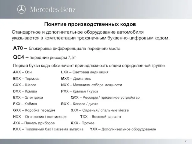 Понятие производственных кодов Стандартное и дополнительное оборудование автомобиля указывается в комплектации трехзначным