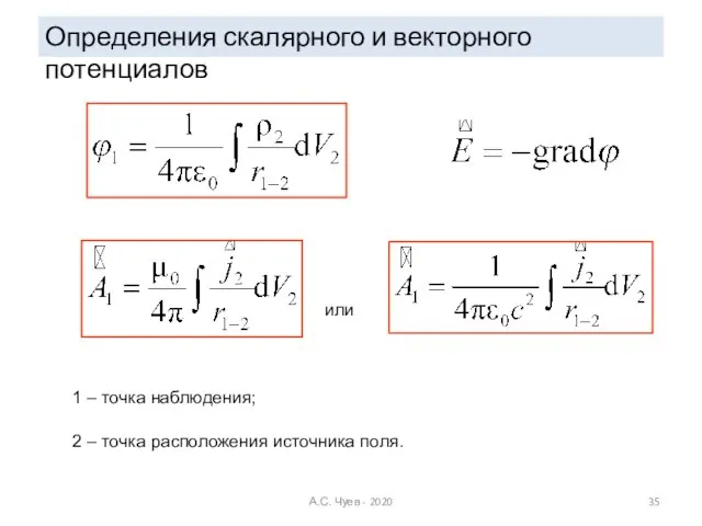 Определения скалярного и векторного потенциалов 1 – точка наблюдения; 2 – точка