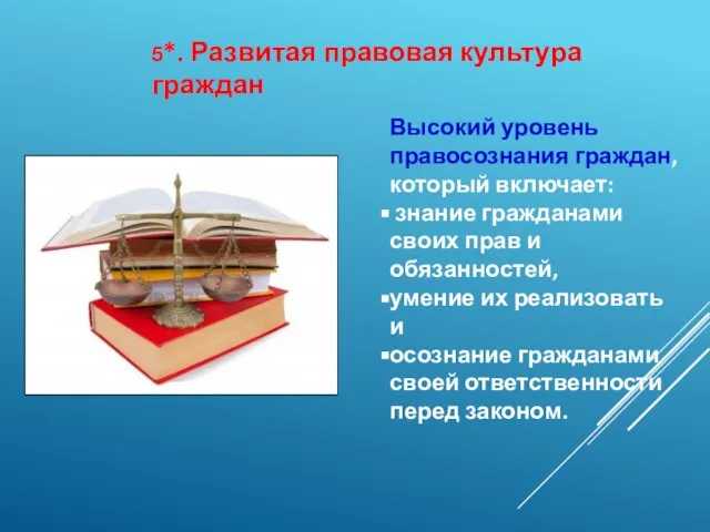 Высокий уровень правосознания граждан, который включает: знание гражданами своих прав и обязанностей,