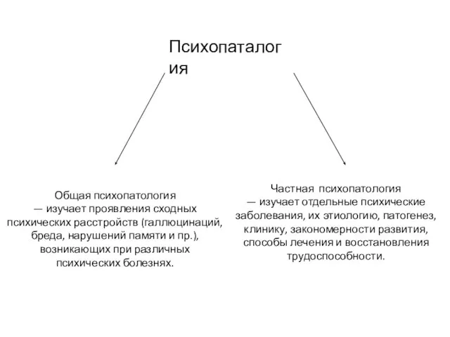 Психопаталогия Общая психопатология — изучает проявления сходных психических расстройств (галлюцинаций, бреда, нарушений