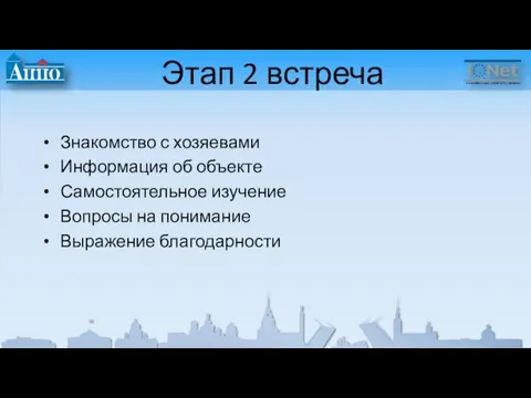 Этап 2 встреча Знакомство с хозяевами Информация об объекте Самостоятельное изучение Вопросы на понимание Выражение благодарности