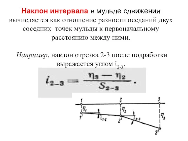 Наклон интервала в мульде сдвижения вычисляется как отношение разности оседаний двух соседних