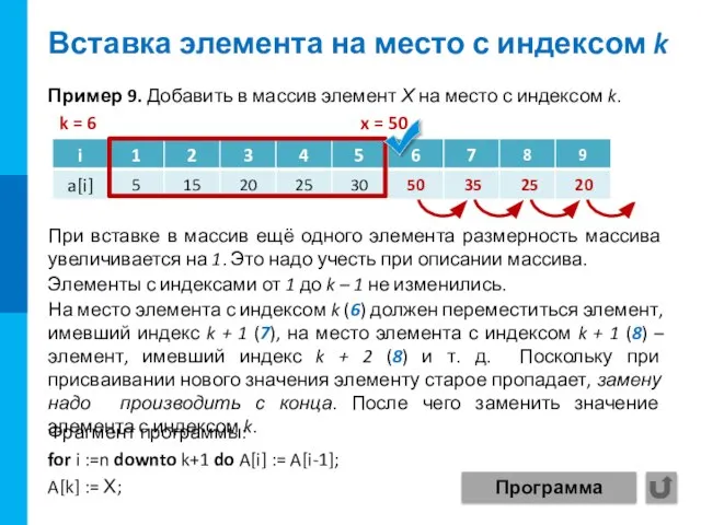 Фрагмент программы: for i :=n downto k+1 do A[i] := A[i-1]; A[k]