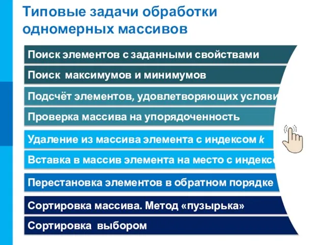 Типовые задачи обработки одномерных массивов Поиск элементов с заданными свойствами Поиск максимумов