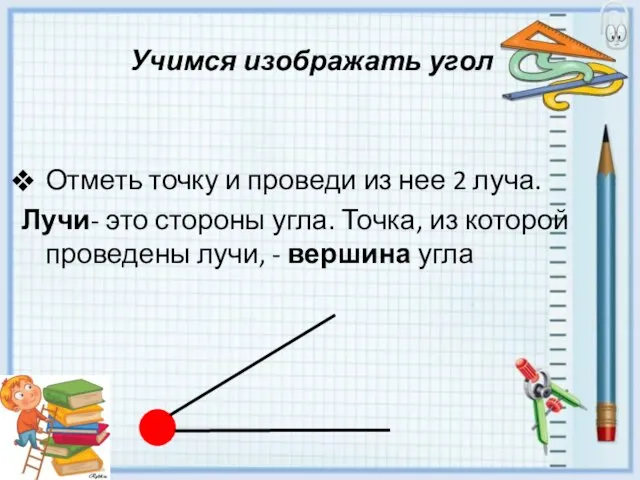 Учимся изображать угол Отметь точку и проведи из нее 2 луча. Лучи-