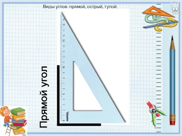 Прямой угол Виды углов: прямой, острый, тупой.