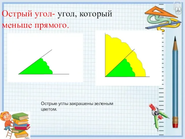 Острый угол- угол, который меньше прямого. Острые углы закрашены зеленым цветом.