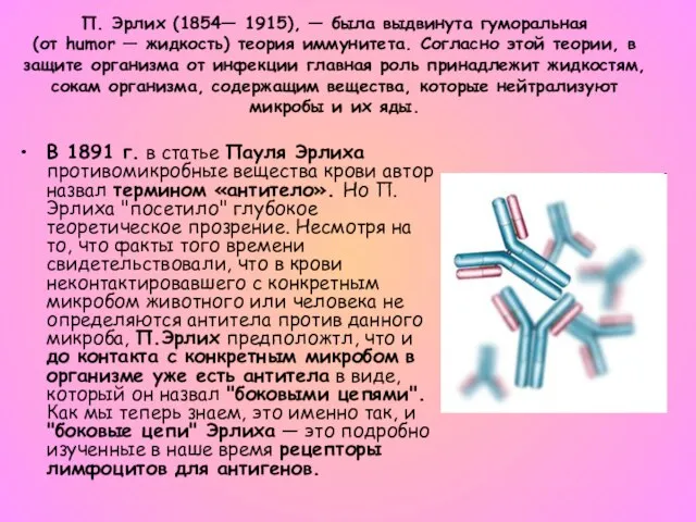 В 1891 г. в статье Пауля Эрлиха противомикробные вещества крови автор назвал