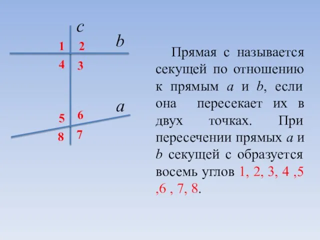 Прямая с называется секущей по отношению к прямым а и b, если