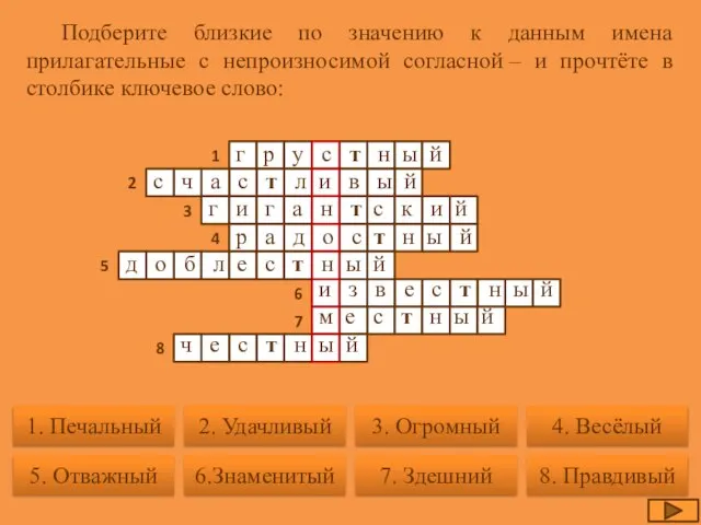 Подберите близкие по значению к данным имена прилагательные с непроизносимой согласной –