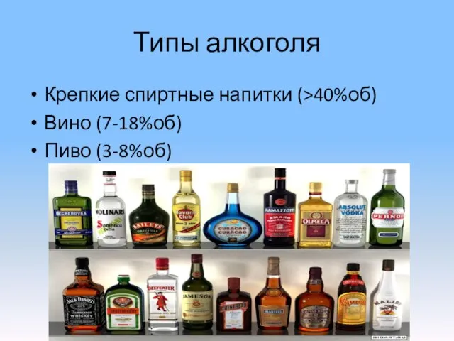 Типы алкоголя Крепкие спиртные напитки (>40%об) Вино (7-18%об) Пиво (3-8%об)