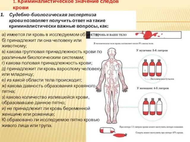 1. Криминалистическое значение следов крови Судебно-биологическая экспертиза крови позволяет получить ответ на