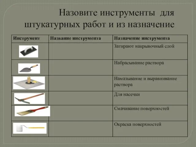 Назовите инструменты для штукатурных работ и из назначение