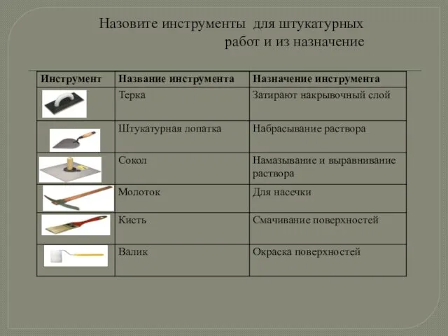 Назовите инструменты для штукатурных работ и из назначение