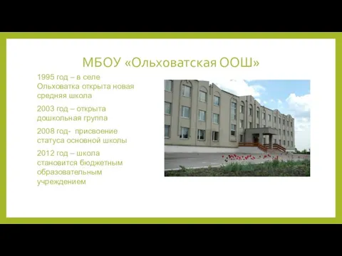 МБОУ «Ольховатская ООШ» 1995 год – в селе Ольховатка открыта новая средняя