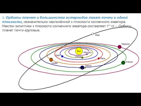 2. Орбиты планет и большинства астероидов лежат почти в одной плоскости, незначительно