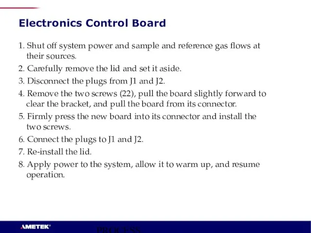 PROCESS INSTRUMENTS Electronics Control Board 1. Shut off system power and sample