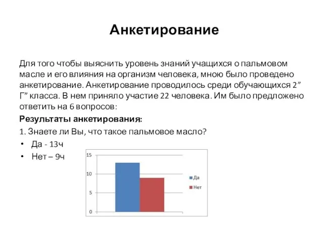 Анкетирование Для того чтобы выяснить уровень знаний учащихся о пальмовом масле и