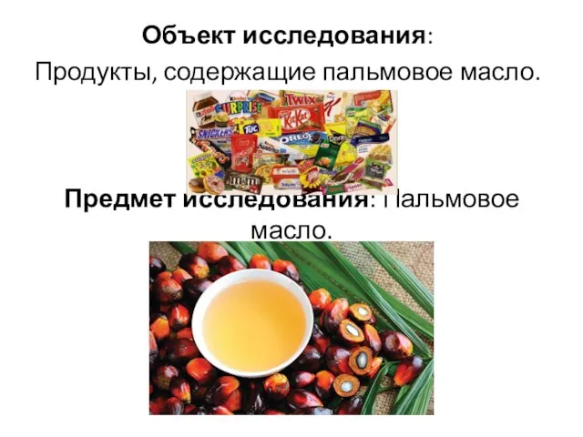 Объект исследования: Продукты, содержащие пальмовое масло. Предмет исследования: Пальмовое масло.