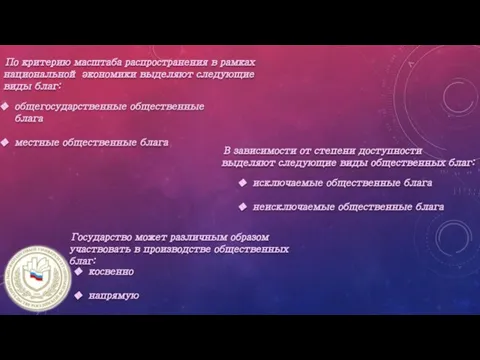 По критерию масштаба распространения в рамках национальной экономики выделяют следующие виды благ: