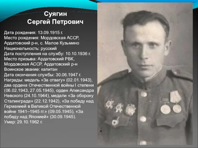 Суягин Сергей Петрович Дата рождения: 13.09.1915 г. Место рождения: Мордовская АССР, Ардатовский