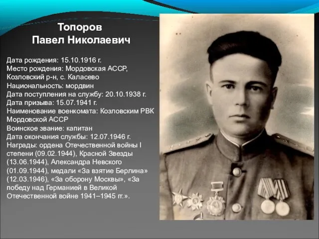 Топоров Павел Николаевич Дата рождения: 15.10.1916 г. Место рождения: Мордовская АССР, Козловский