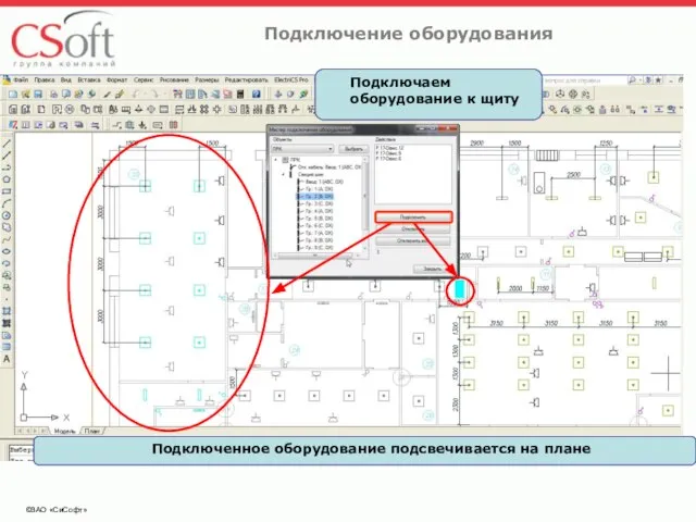 ©ЗАО «СиСофт» Подключение оборудования Подключенное оборудование подсвечивается на плане Подключаем оборудование к щиту