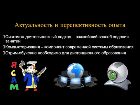 Актуальность и перспективность опыта Системно-деятельностный подход – важнейший способ ведения занятий. Компьютеризация