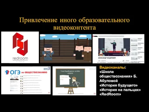 Привлечение иного образовательного видеоконтента Видеоканалы: «Школа обществознания» Б.Абуловой «История будущего» «История на пальцах» «RedRoom»