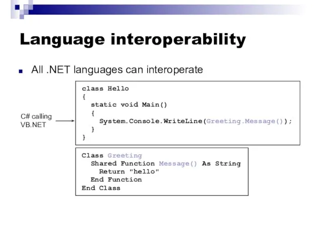 Language interoperability All .NET languages can interoperate C# calling VB.NET class Hello