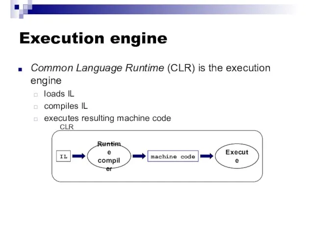 CLR Execution engine Common Language Runtime (CLR) is the execution engine loads