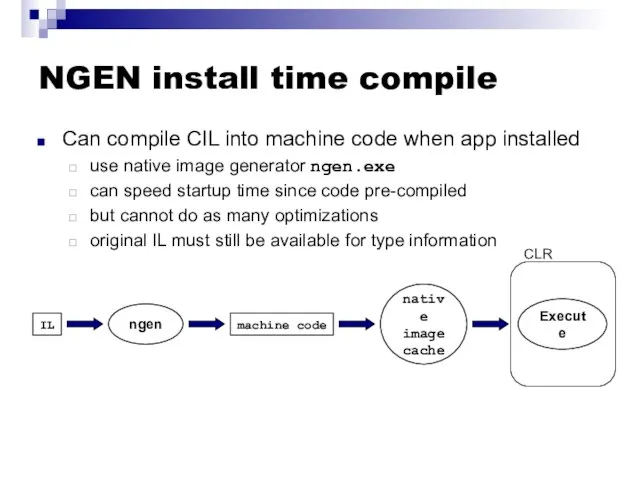 NGEN install time compile Can compile CIL into machine code when app