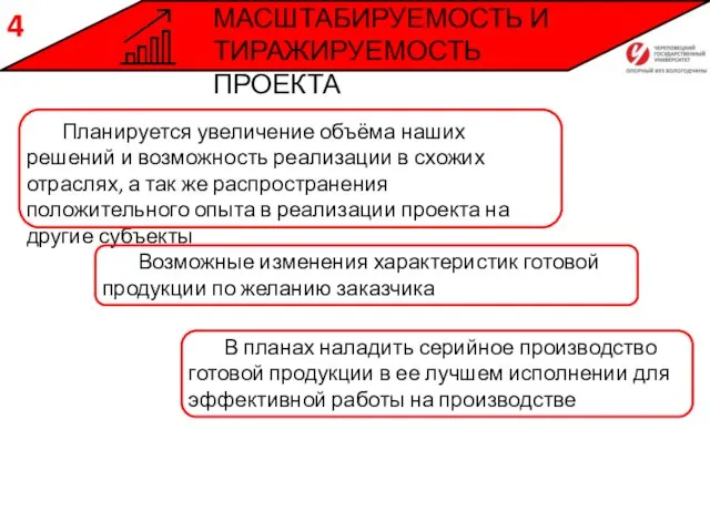 МАСШТАБИРУЕМОСТЬ И ТИРАЖИРУЕМОСТЬ ПРОЕКТА 4 Планируется увеличение объёма наших решений и возможность