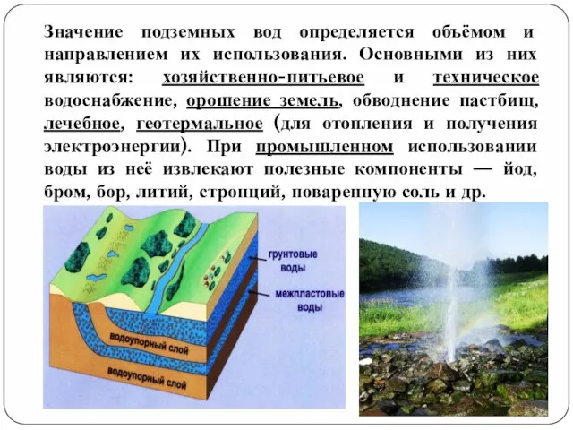 Значение подземных вод определяется объёмом и направлением их использования. Основными из них