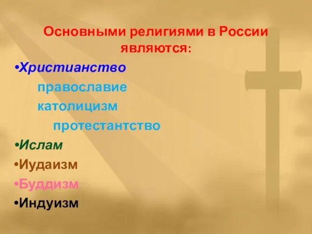 Основными религиями в России являются: Христианство православие католицизм протестантство Ислам Иудаизм Буддизм Индуизм