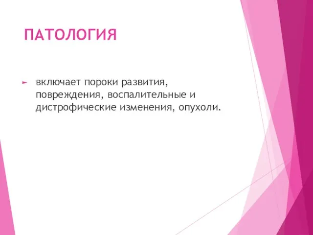 ПАТОЛОГИЯ включает пороки развития, повреждения, воспалительные и дистрофические изменения, опухоли.